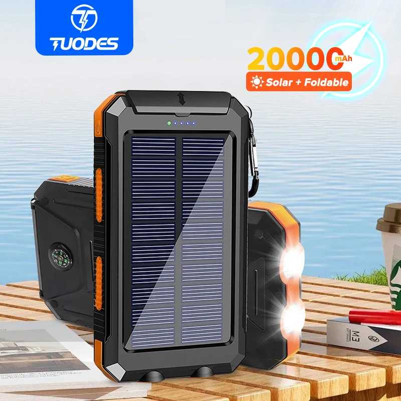 TUODES 20000 мАч Solor Power Bank Внешняя батарея большой емкости Водонепроницаемый Powerbank Портативное зарядное устройство для iPhone Xiaomi Samsung Аксессуары для мобильных телефонов
