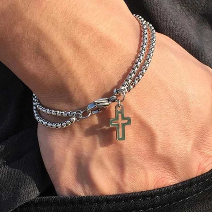 Индивидуальный дизайн, серебряный цвет, двухслойный браслет с подвеской в виде креста из нержавеющей стали для мужчин, модные ювелирные изделия в стиле хип-хоп, рок, не выцветает Бижутерия
