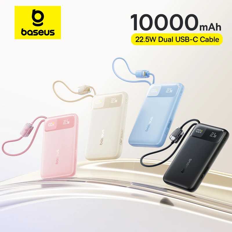 Baseus 10000 мАч Power Bank 22,5 Вт Встроенный двойной кабель USB-C более тонкий быстрая зарядка для iPhone 17 Pro Max Samsung S25 Xiaomi Poco Аксессуары для мобильных телефонов