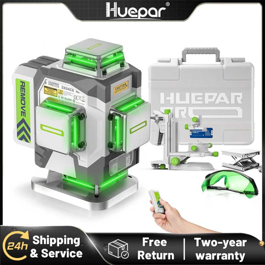 Huepar Professional 4D перекрестный лазерный уровень &plusmn; 2 мм, точность самовыравнивающегося зеленого лазера с литий-ионным аккумулятором емкостью 8000 мАч и кронштейном Инструменты для измерения и анализа