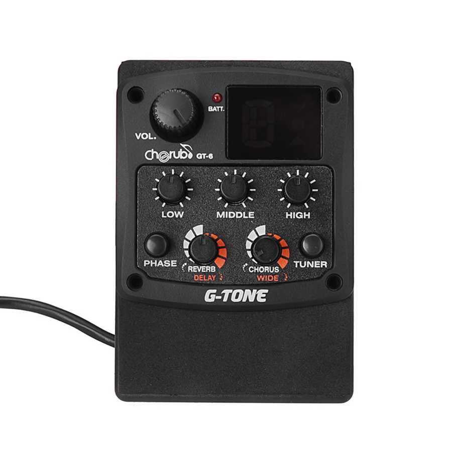 Cherub G-Tone GT-6 предусилитель для акустической гитары, пьезо-звукосниматель, 3-полосный эквалайзер, ЖК-тюнер, реверберация, задержка хора, широкие эффекты, 6,35 мм Музыкальные инструменты