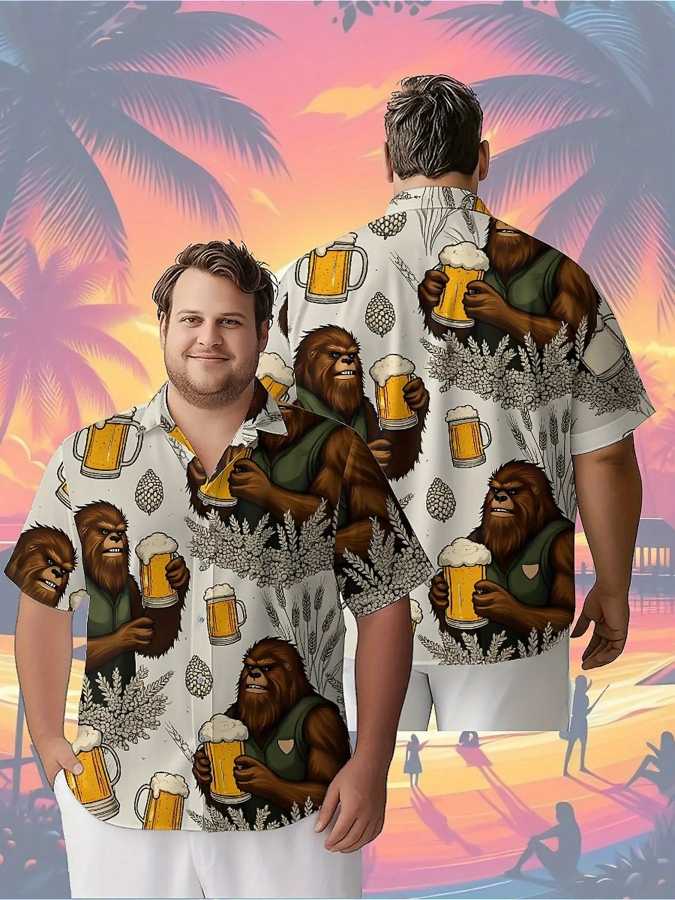 Мужские гавайские рубашки больших размеровSasquatch Beer Festival Carnival Pattern, комфортная молодежная одежда премиум-класса, уличная одежда, топы Y2K Мужская одежда больших размеров