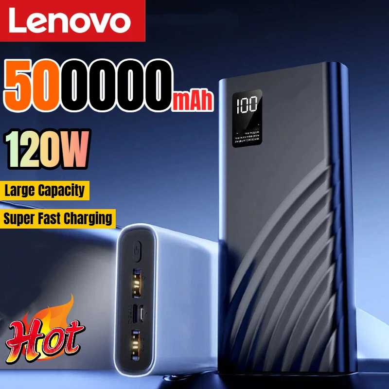 Внешний аккумулятор Lenovo 120W 500000 мАч с супербыстрой зарядкой, большой емкостью и цифровым дисплеем для iPhone, Samsung, Huawei Аксессуары для мобильных телефонов