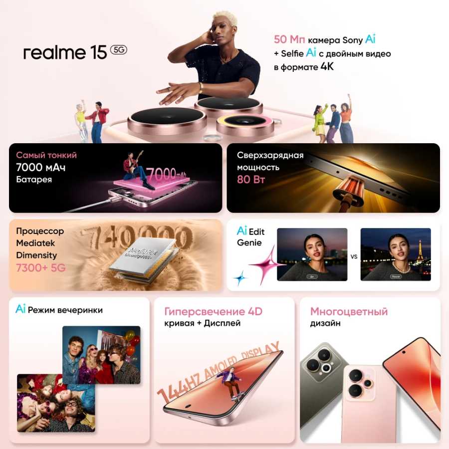 Фотография №1 товара Смартфон realme 15 5G чипсет Dimensity 7300+ 5G аккумулятор 7000