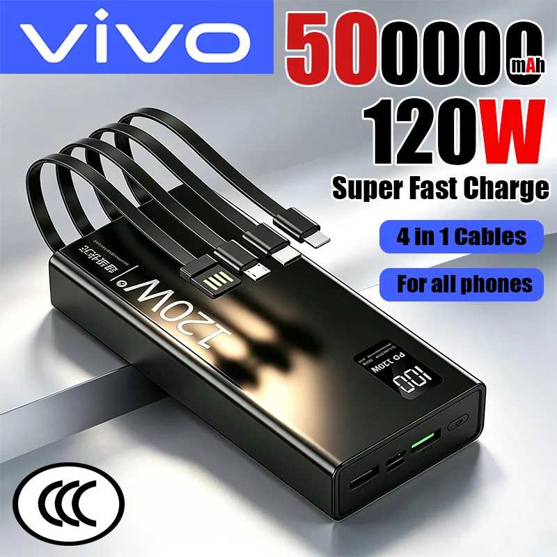 Фотография №1 товара Портативное зарядное устройство VIVO 4-в-1, 120 Вт, 500000 мАч, высокая