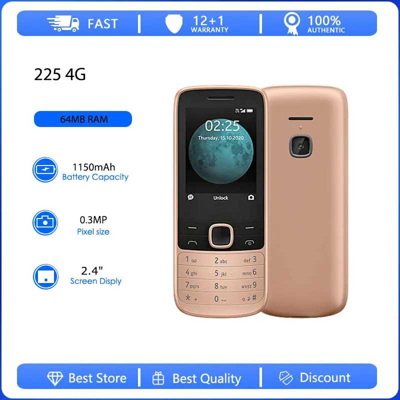 Оригинальный восстановленный мобильный телефон 225 4G 2020 с двумя SIM-картами, разблокированный, с Bluetooth, русской, арабской, ивритской клавиатурой, произведено в Финляндии Б/У и восстановленные телефоны