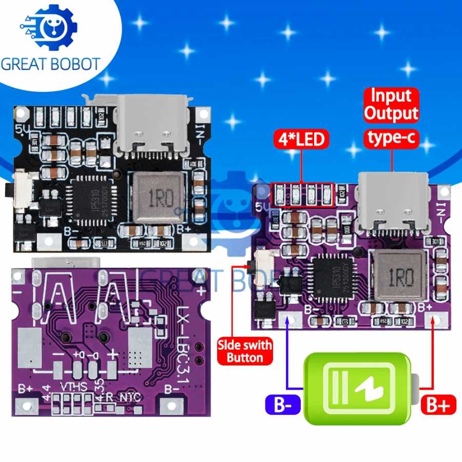 IP5310 5V 3.1A Преобразователь напряжения (бренд BS) - Модуль питания Type-C/USB с выключателем и LED (аксессуар для повербанка) Активные компоненты
