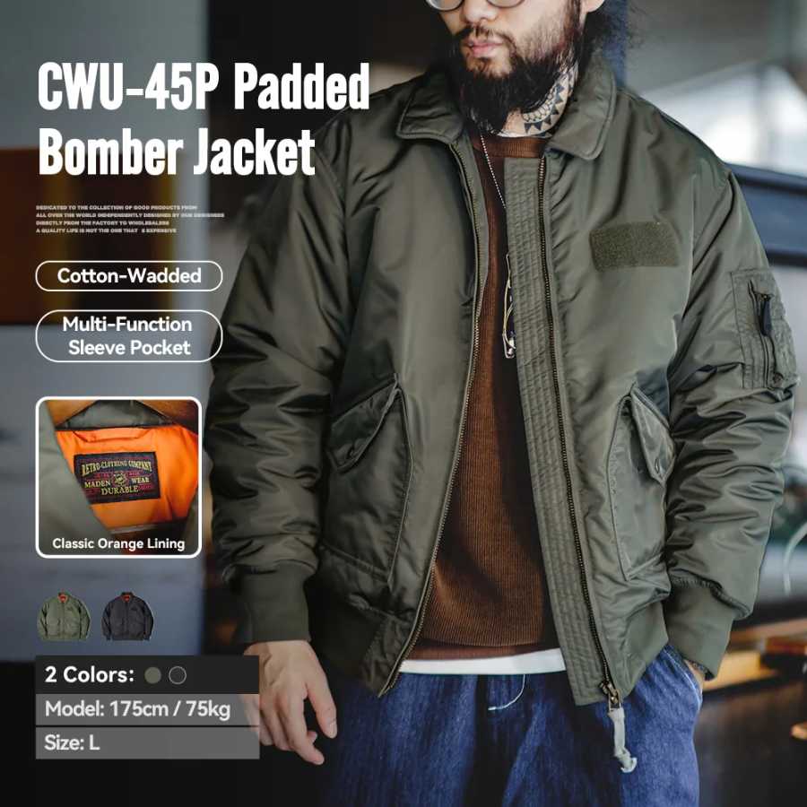 Maden Мужская куртка бомбардировщика CWU-45P Ветрозащитное утепленное пальто для осени и зимы Классическая оранжевая подкладка Куртка из высокоплотной водонепроницаемой ткани Парки