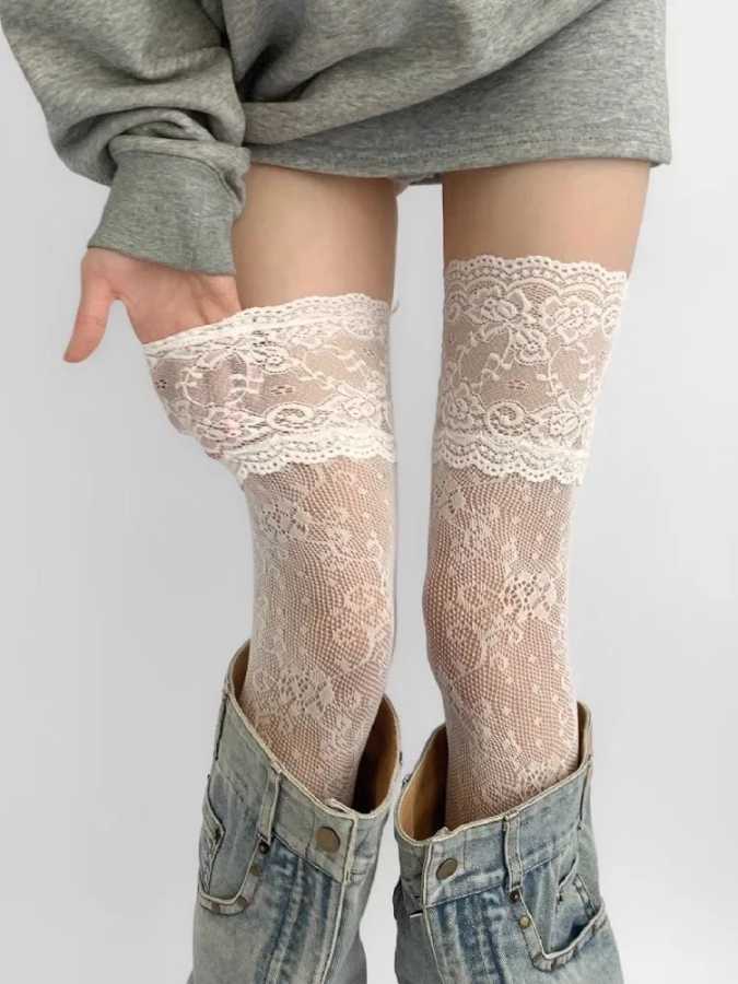 Фотография №3 товара Женские сексуальные нейлоновые ажурные чулки с кружевной отделкой в стиле
