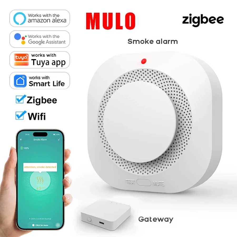 Умный датчик дыма ZigBee WiFi, работает с приложением Tuya Smart Life, совместимый с датчиком пожара для домашней безопасности, оповещения через приложение Умные системы общественной безопасности