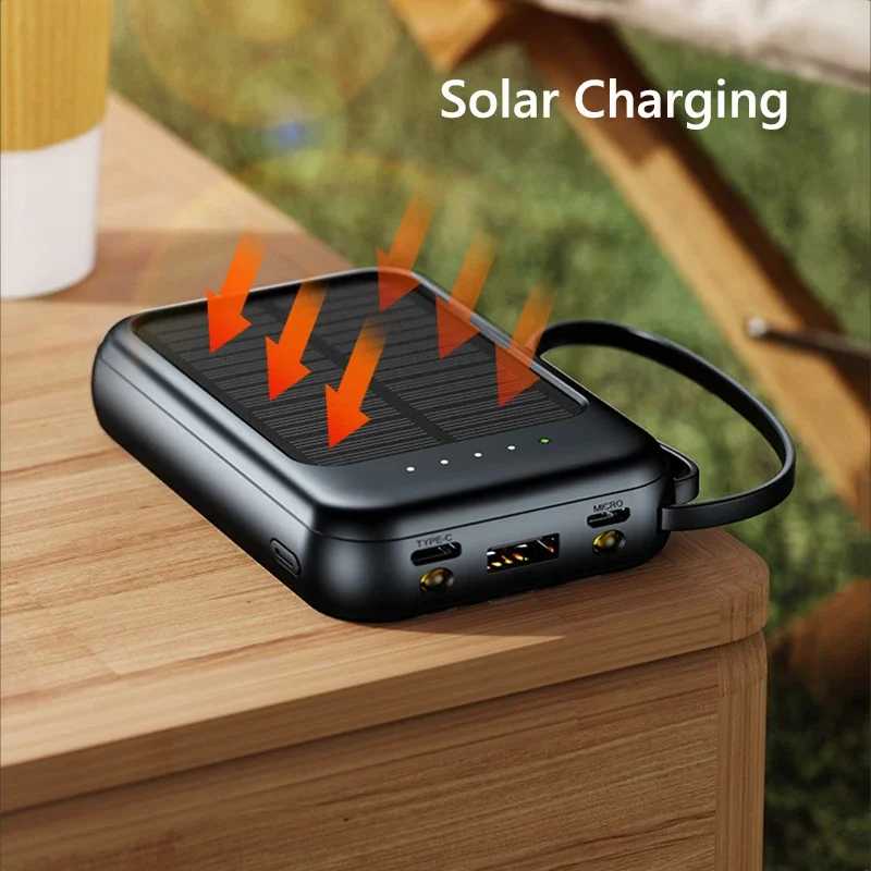 50000 мАч Solar Power Bank Встроенные кабели Солнечное зарядное устройство Poverbank 2 USB-порта Внешнее зарядное устройство Powerbank для мобильного телефона со светодиодной подсветкой Аксессуары для мобильных телефонов