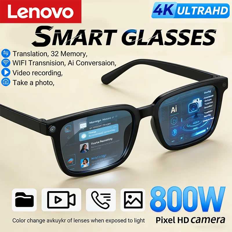 Умные очки Lenovo AI с функцией перевода, HD-камерой 8 МП, записью видео 4K, Bluetooth, записью звонков, музыкой, умные солнцезащитные очки, новинка 2026 года Умная электроника