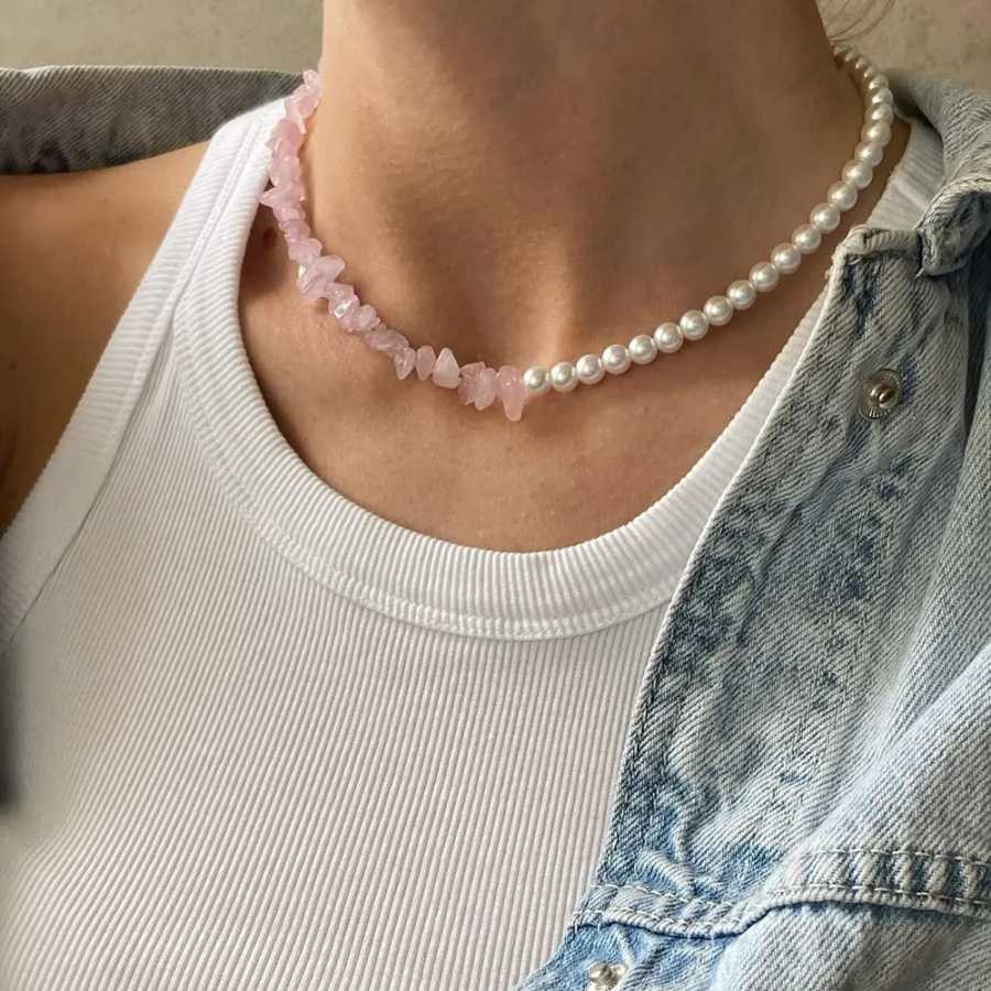 Elegant imitate Pearl Pink Stone Chain Choker Necklace For Girls Jewelry Trend Vacation Wedding Gifts X0330 Бижутерия