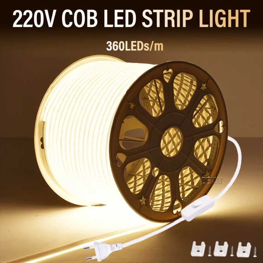 Светодиодная лента COB 360 светодиодов/м, яркая вилка европейского стандарта, 220 В, CRI RA90, водонепроницаемая светодиодная лента FOB для наружного сада, спальни, кухни, освещения Светодиодная подсветка