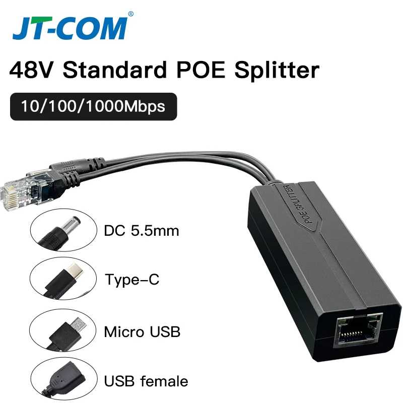 Стандартный POE-сплиттер 48В на 5В 12В 1.2А 2А Micro USB Type-C 100М/1000М, инжектор питания POE для камер Huawei Hikvision Доступ к автоматизации здания
