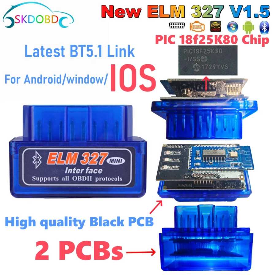 Последняя версия Mini ELM327 V1.5 для IOS Android Bluetooth 5.1 Автоматический сканер OBD2 Черный 2 шт. Автомобильный тестер ELM 327 Диагностический инструмент Инструмент для ремонта автомобилей