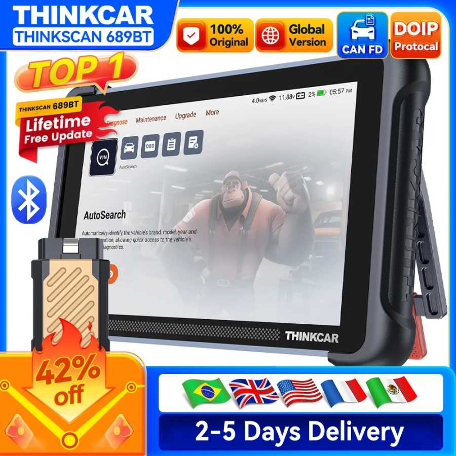 Глобальная версия THINKCAR THINKSCAN 689BT: диагностический сканер OBD2 с поддержкой DOIP, CANFD, двунаправленным кодированием ЭБУ, 35 функций сброса и пожизненным бесплатным обновлением. Инструмент для ремонта автомобилей