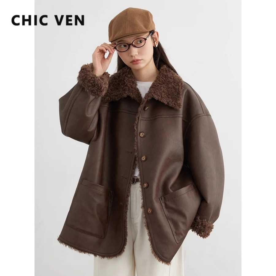 Женская куртка CHIC VEN из искусственной кожи, свободная повседневная двусторонняя удлиненная куртка из ПУ, ретро-пальто для женщин, осень-зима 2025 Одежда из искусственной кожи