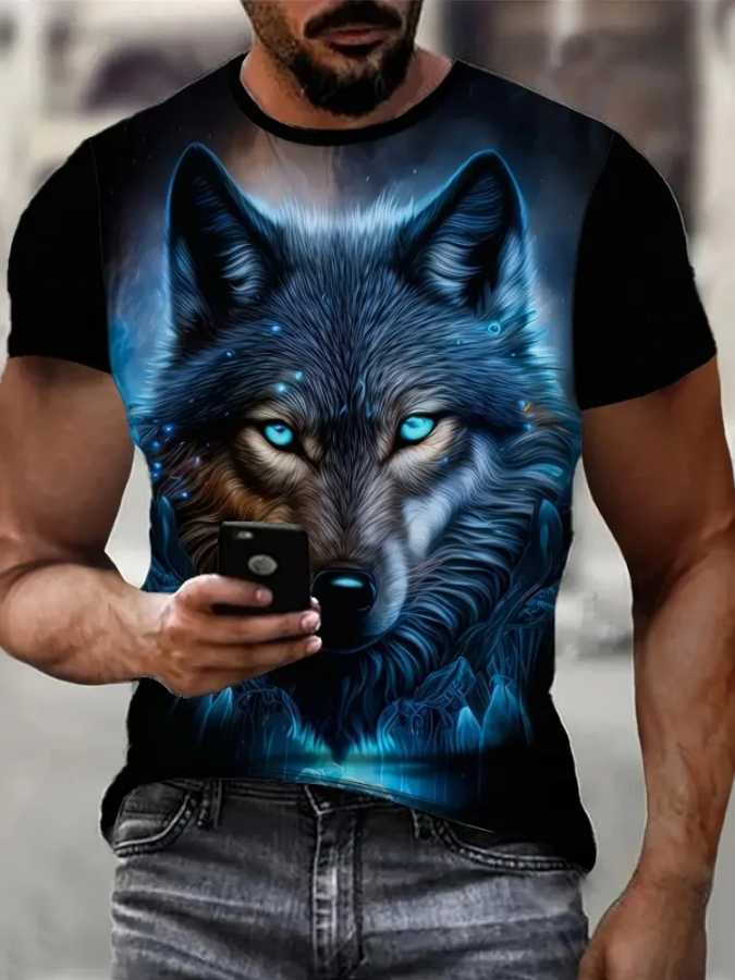 Фотография №3 товара Мужская футболка с 3D принтом Fire Wolf, летняя повседневная футболка