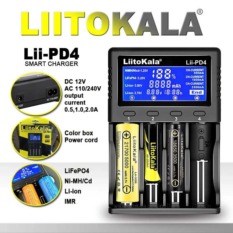 LiitoKala Lii-PD4/PD2 Зарядное устройство AC PD ЖК-дисплей Быстрая зарядка с 4/2 отсеками для 21700/18650/AA/AAA Многозащитное автоматическое обнаружение Аксессуары и запчасти