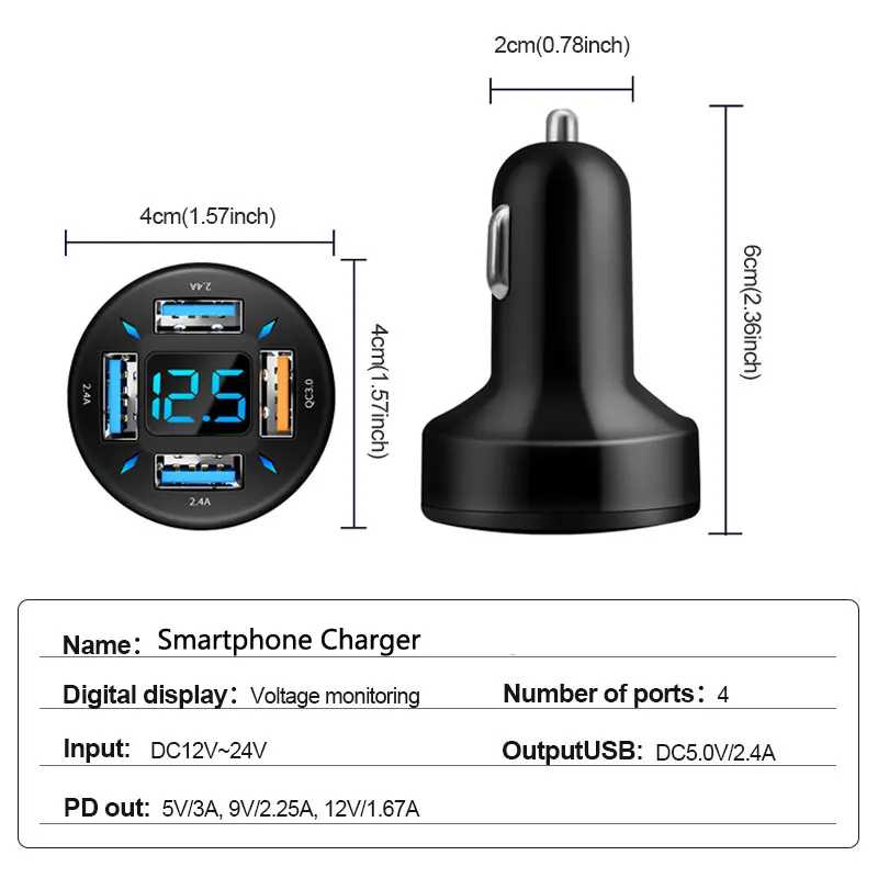 Фотография №3 товара Автомобильное зарядное устройство с 4 USB-портами, 66 Вт