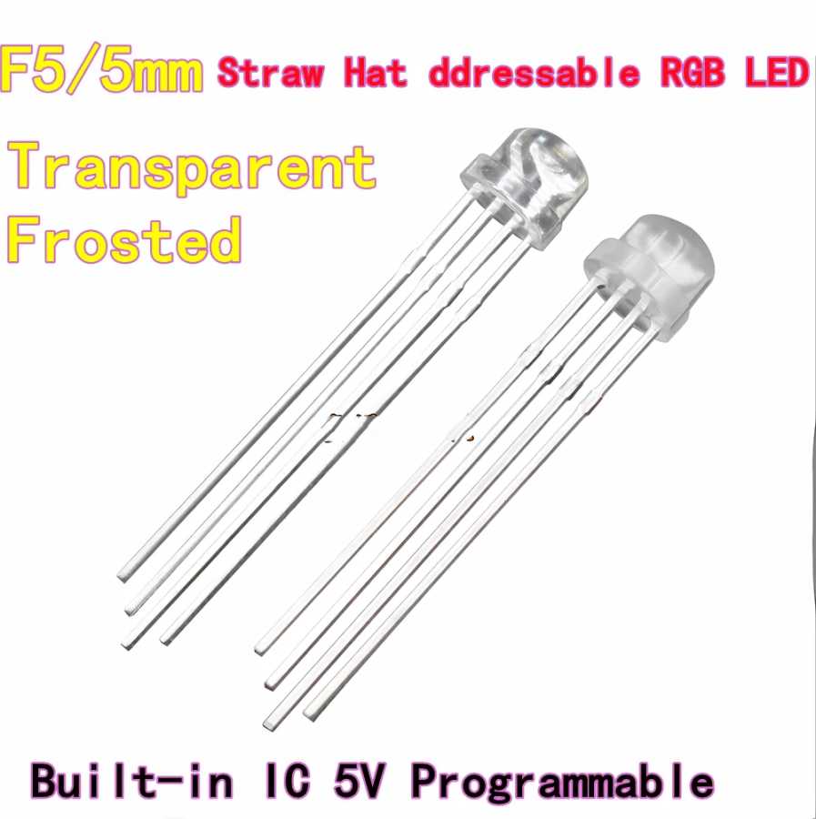 100 шт. WS2812B соломенная шляпа со сквозным отверстием F5 RGB со встроенной микросхемой, 5 В, программируемый, 5 мм, адресный полноцветный светодиод Электронные знаки