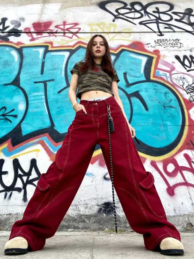 Фотография №1 товара Уличные винтажные джинсы, новые Y2K Harajuku, красные уличные мешковатые джинсы,