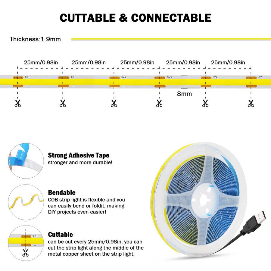 Фотография №5 товара DC5V USB COB светодиодная лента белый/розовый/красный/желтый/голубой ледяной/зеленый 8 мм 320