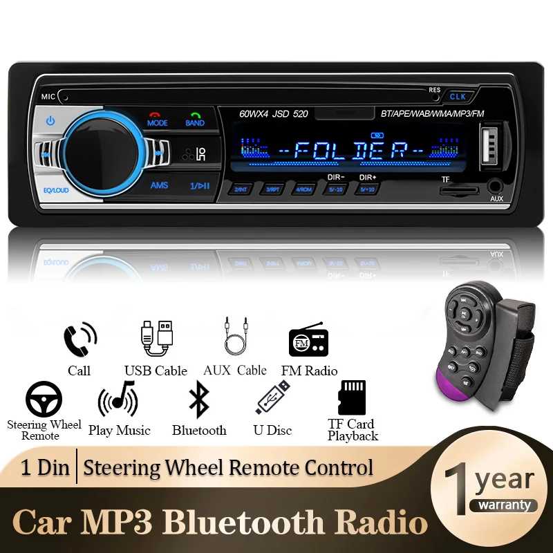 Автомобильный радиоприемник 1-диночный стереоплеер Цифровой Bluetooth MP3-плеер FM-радио Стерео аудио Музыка USB с входом AUX приборной панели Автоэлектроника