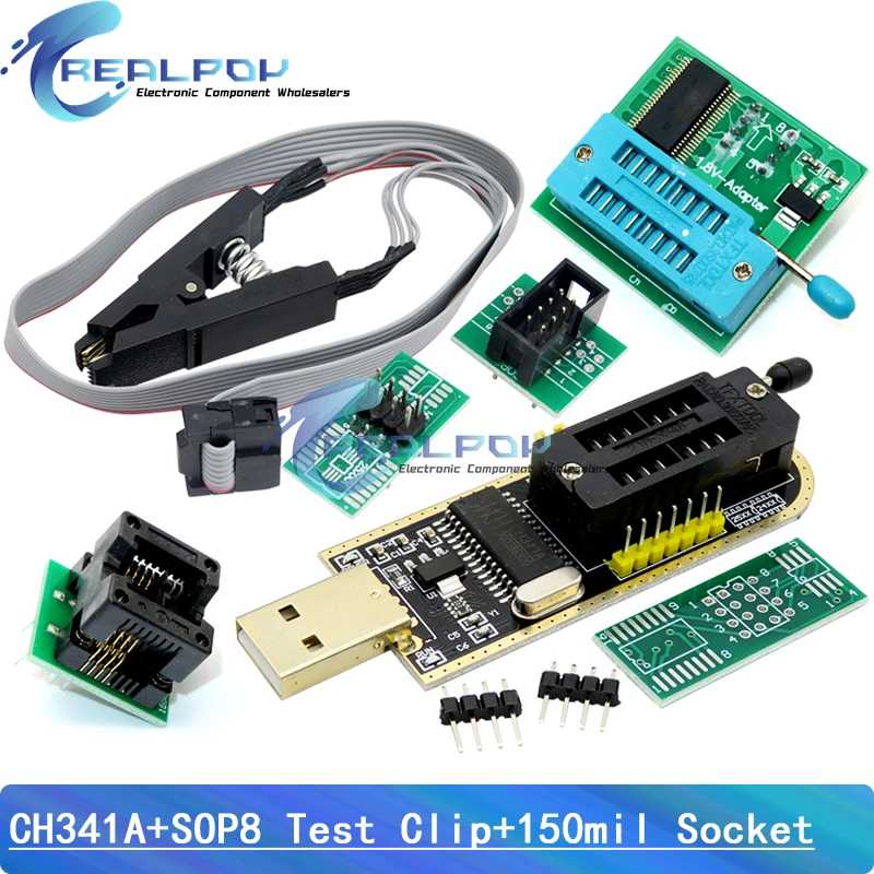 Программатор CH341A + адаптер SOIC8 + зажим SOP8 с кабелем + адаптер 1.8V + USB-программатор CH341A для EEPROM Flash BIOS + ZIF-адаптер Активные компоненты