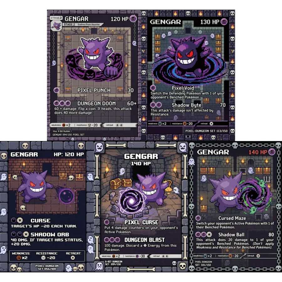 Набор из 5 редких голографических карт Покемон Генгар в стиле Pixel Dungeon, коллекционные игровые карты PTCG, подарок Хобби и коллекционирование