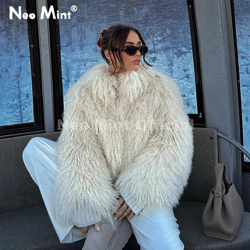 Neo Mint Iconic Blogger, модная шуба из искусственного монгольского овечьего меха, женская зимняя пушистая теплая меховая куртка 2025 года, шикарная уличная верхняя одежда для девочек Одежда из меха