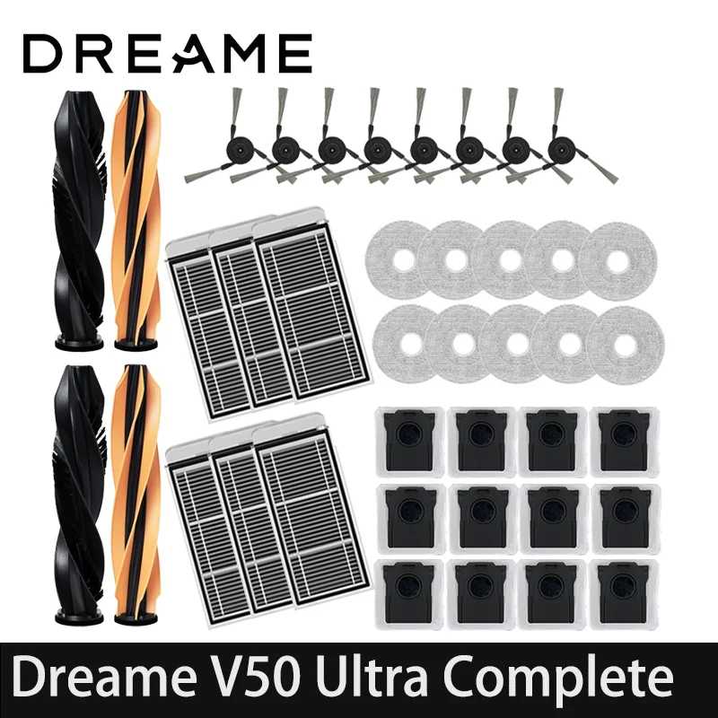 Запасные части для робота-пылесоса Dreame MOVA V50 Ultra Complete: основная и боковые щетки, салфетки для влажной уборки, HEPA-фильтры, мешки для сбора пыли. Запчасти для бытовой техники