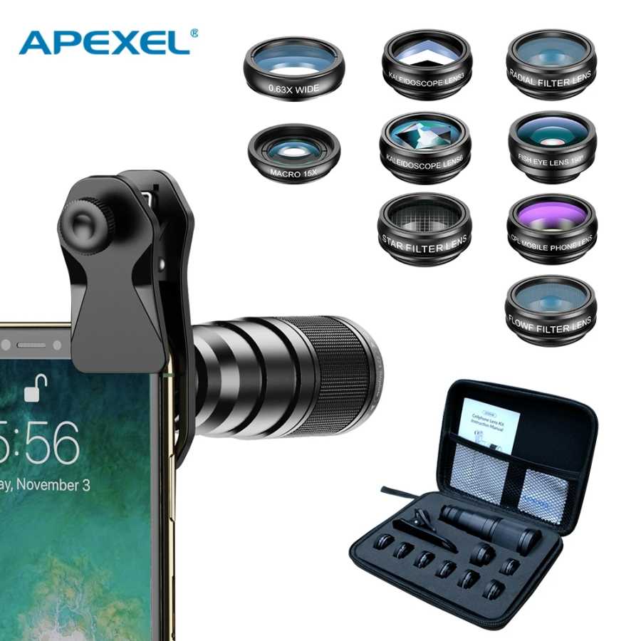 Комплект телеобъективов APEXEL 22X для iPhone Samsung 10 в 1, объектив для камеры телефона, широкий макрофильтр, объектив для аксессуаров для мобильных телефонов Аксессуары для фотосъемки на мобильный телефон
