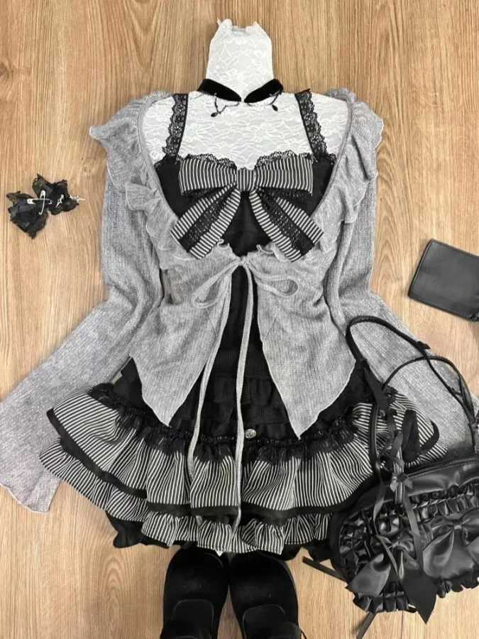 Винтажные костюмы Sweet Lolita, женский кардиган с оборками + сексуальный корсет Y2k, жилет + мини-юбки, осенние корейские элегантные комплекты платьев из трех предметов Одинаковая Комплекты