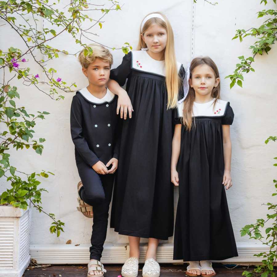 Комплекты одежды Ali Plus 2026 SS Sailor Maxi для детей: хлопковые наряды с вышивкой и съемным белым воротником для девочек и мальчиков Детская одежда