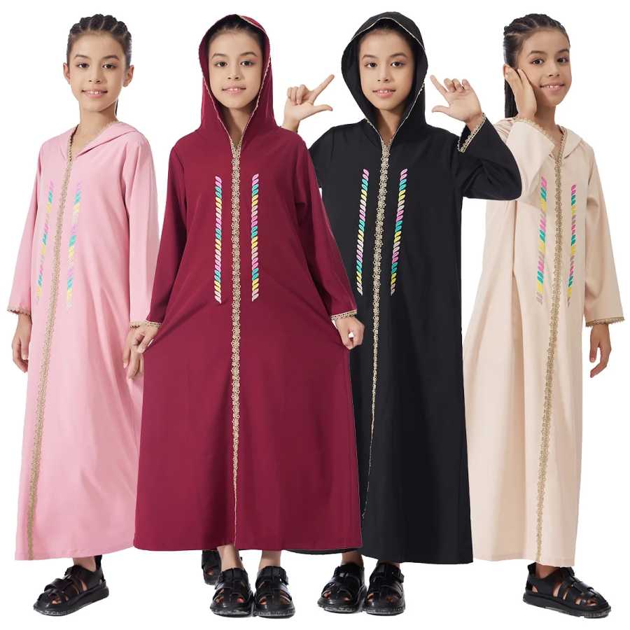 Kids Hooded Dress Lace Embroidery Muslim Abaya Ankara Dashiki Boubou Saudi Arabic Islamic Robe Jilbab Moroccan Kaftan Kimono Мусульманская Мода