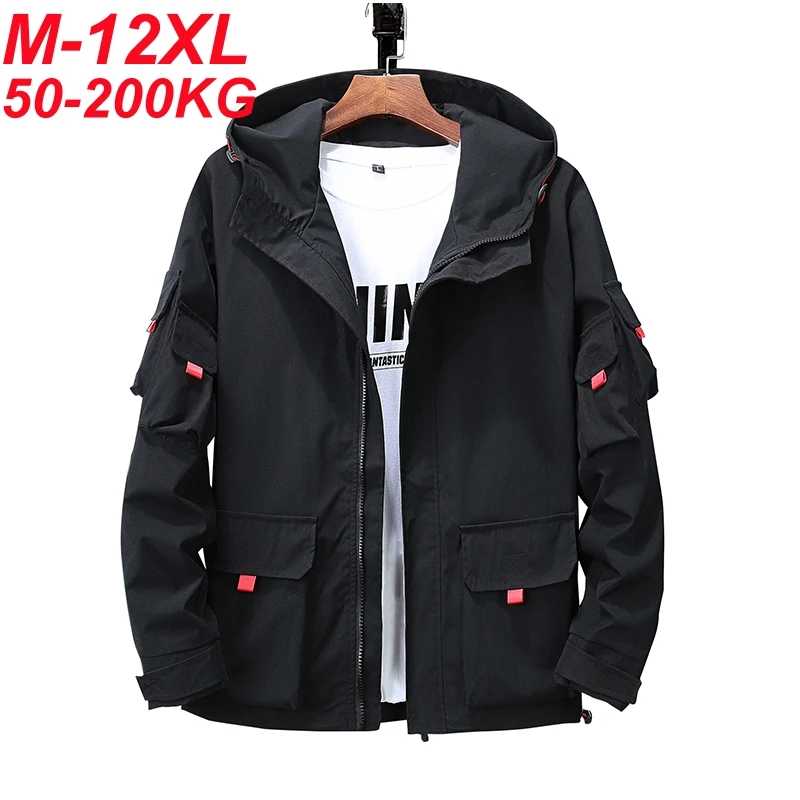Большой размер 12xl 200 кг, мужская куртка с капюшоном, множеством карманов, ветровка на молнии, ветрозащитная верхняя одежда на лобовом стекле, большая плюс толстая 10xl 11xl Мужская одежда больших размеров