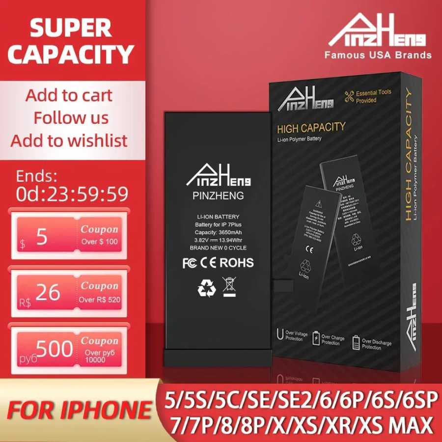 PINZHENG настоящий аккумулятор большой емкости для iPhone 5S SE 6 6S 7 8 Plus X Xr Xs Max, сменная батарея для телефона, гарантия один год Детали для мобильных телефонов