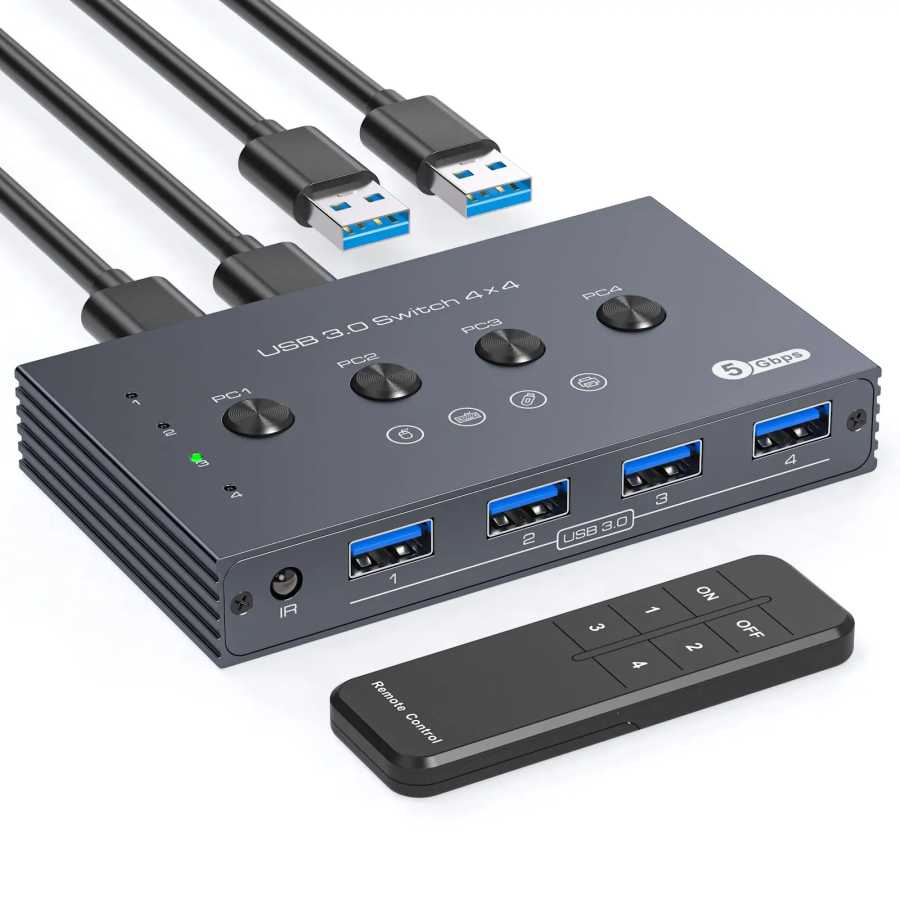 Переключатель USB 3.2 4 компьютера Share 4 USB-устройства 4-портовый коммутатор USB 3.0 для клавиатуры, мыши, сканера, принтера с пультом дистанционного управления и кабелями Компьютерная периферия
