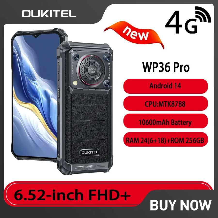 Прочный телефон Oukitel WP36 Pro 6,52 дюйма HD 60 Гц 6 ГБ ОЗУ + 256 ГБ ПЗУ MTK8788 10600 мАч Мобильный телефон Android 13 13 МП Камера Мобильный телефон NFC Мобильные телефоны