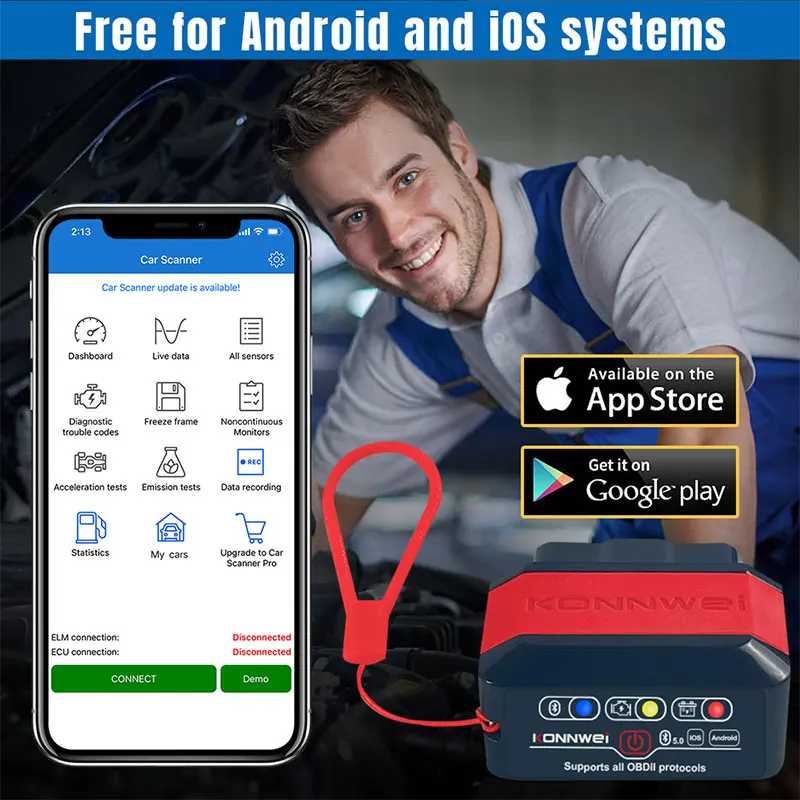 Фотография №3 товара Сканеры KONNWEI KW905 OBD2 ELM327 V1.5 Bluetooth 5.0 для Android/IOS,