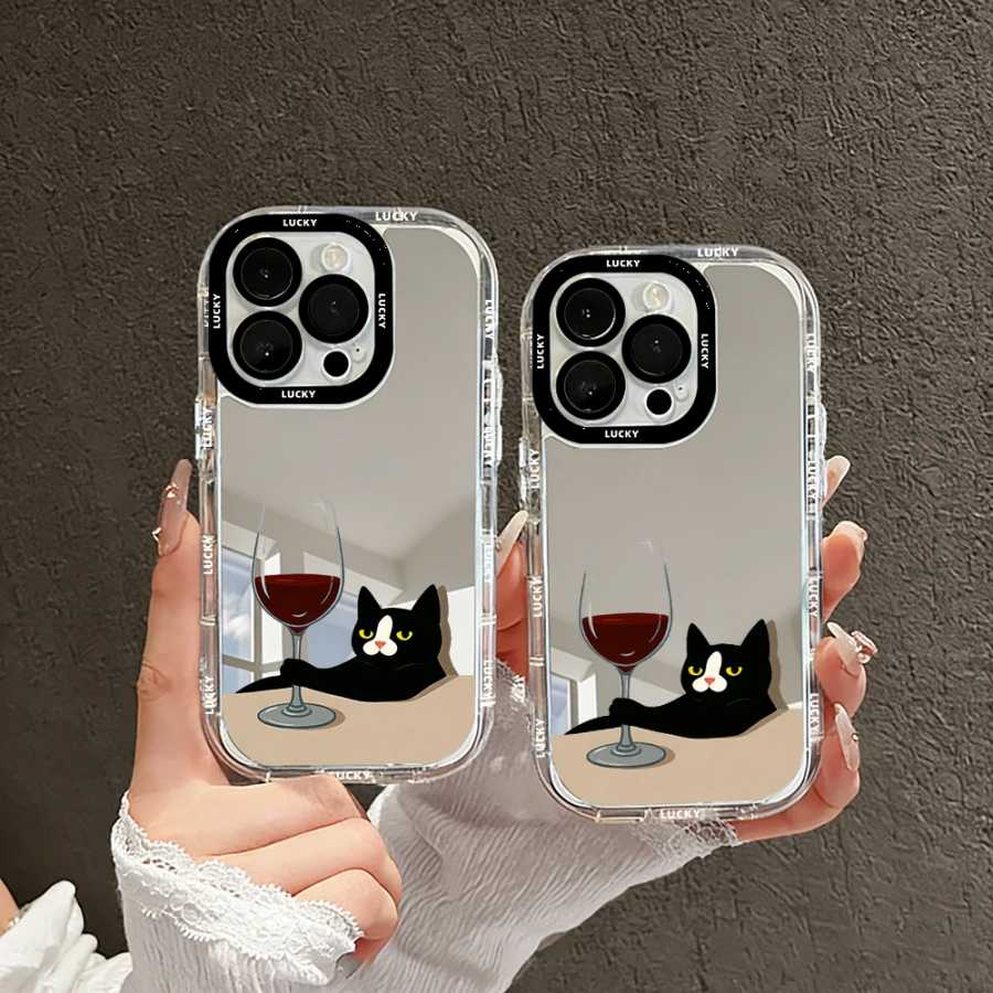 Противоударный силиконовый чехол для iPhone 17, 16, 15, 14, 13, 12, 11, X, XS, XR, Pro Max, Plus, 17 Air, 7, 8, SE2 с зеркальным принтом Wine Cat Чехлы и чехлы для мобильных телефонов
