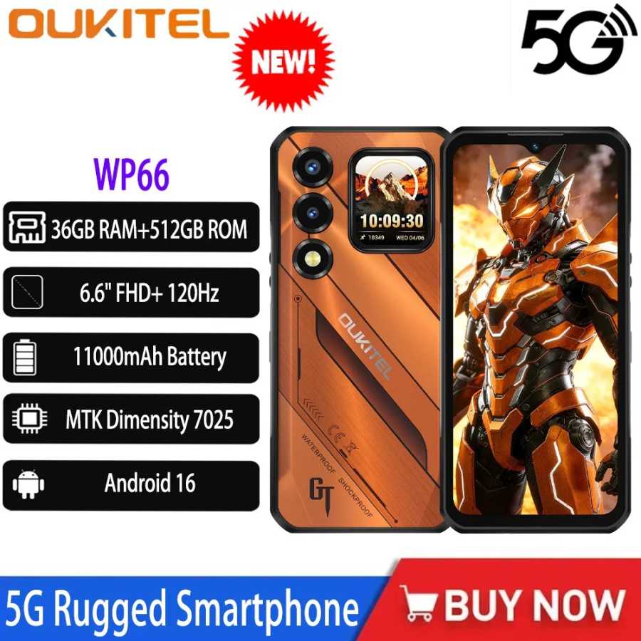 OUKITEL WP66 11000 мАч 5G Защищенный смартфон Dimensity 7025 Octa-core 36 ГБ+512 ГБ 6.6" FHD+ 1.81" Двойной экран 120 Гц 108 МП NFC GPS Мобильные телефоны