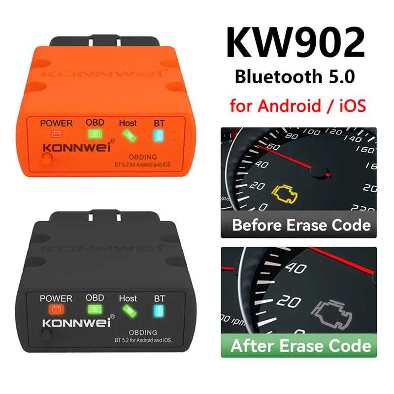 Автосканер KONNWEI KW902 Bluetooth 5.0 ELM327 V1.5, диагностический инструмент OBD2 для автомобилей, считыватель кодов OBD 2 для Android и iOS. Инструмент для ремонта автомобилей