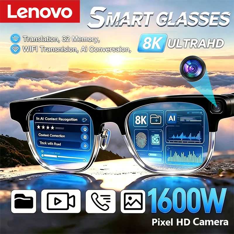 Умные очки Lenovo с голосовым помощником, сенсорным управлением музыкой, Bluetooth-вызовами, для активного отдыха, модные солнцезащитные очки для мужчин и женщин, новинка 2026 года Умная электроника