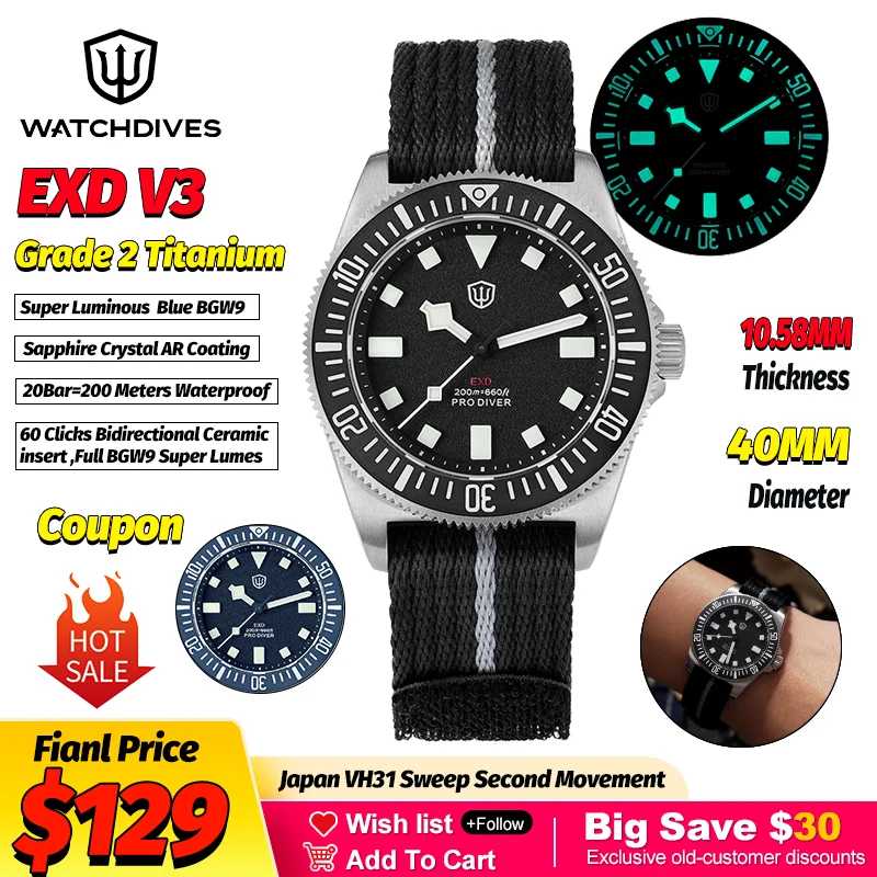 Watchdives EXD 40 мм Титановые часы для дайвинга Мужские кварцевые часы VH31 Sweep 200 Водонепроницаемые наручные часы Ar Sapphire BGW9 Светящиеся 316L Мужские часы