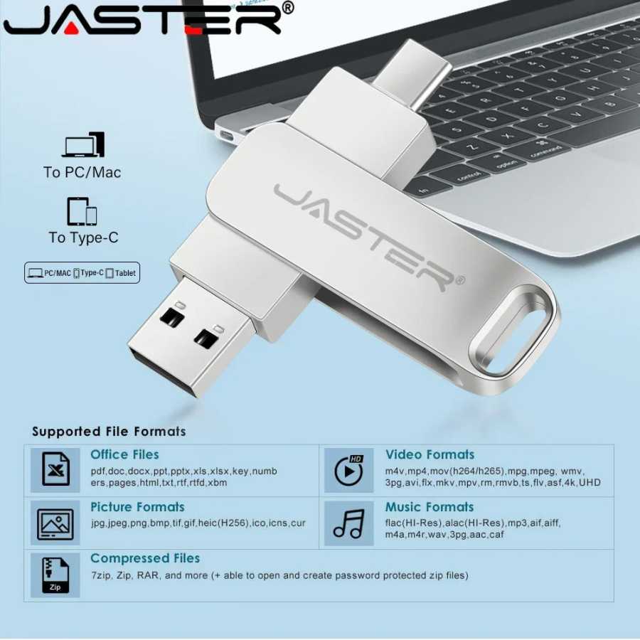 Фотография №3 товара JASTER Бесплатный индивидуальный логотип TYPE-C Pen Drive 128 ГБ Вращающийся