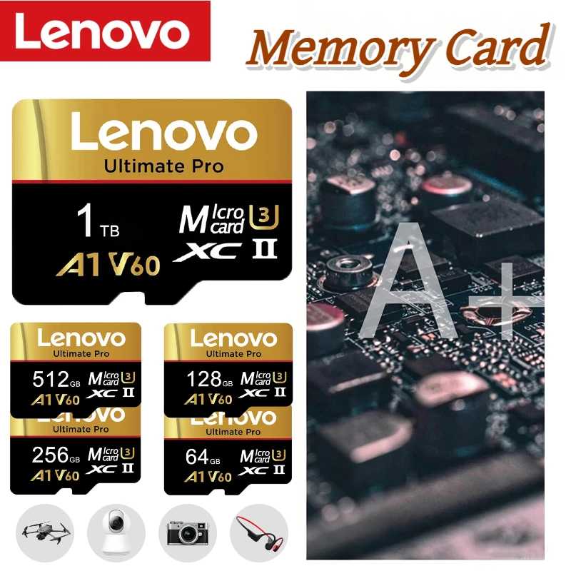 Карта памяти Lenovo Micro SD, высокоскоростная TF-карта V60 U3, 1 ТБ, 512 ГБ, 256 ГБ для камер, устройств видеонаблюдения, телефонов, дронов Автоэлектроника