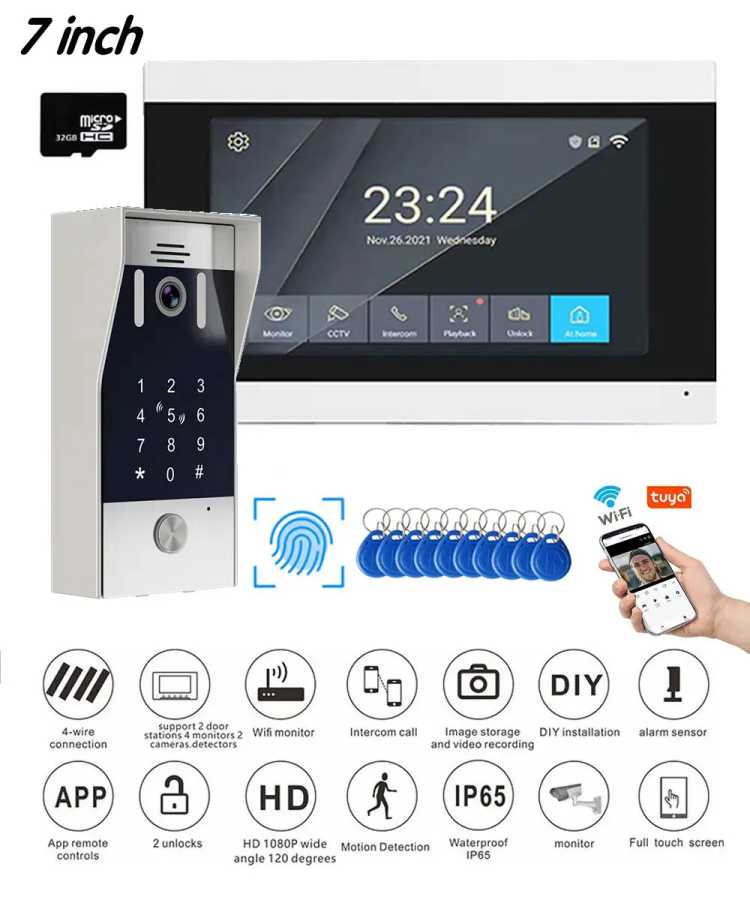 Новый 5в1 разблокировка по отпечатку пальца Tuya Smart 1080P 7-дюймовый ЖК-дисплей Wi-Fi видеодомофонная система видеодомофон камера с детектором движения Доступ к автоматизации здания
